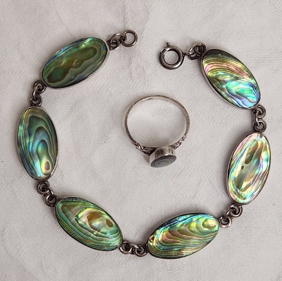 Antique Jewelry - Vintage Silver Abalone Bracelet Ring Set